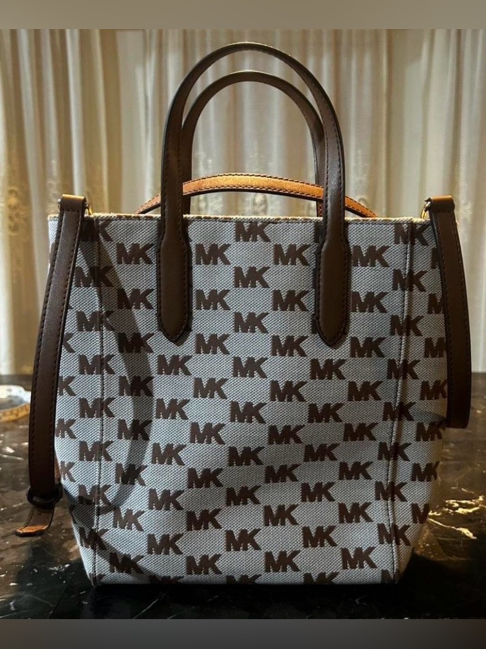Michael Kors Brown & Cream MK Signature Vertical Stripe Tote - Picture 3 of 5